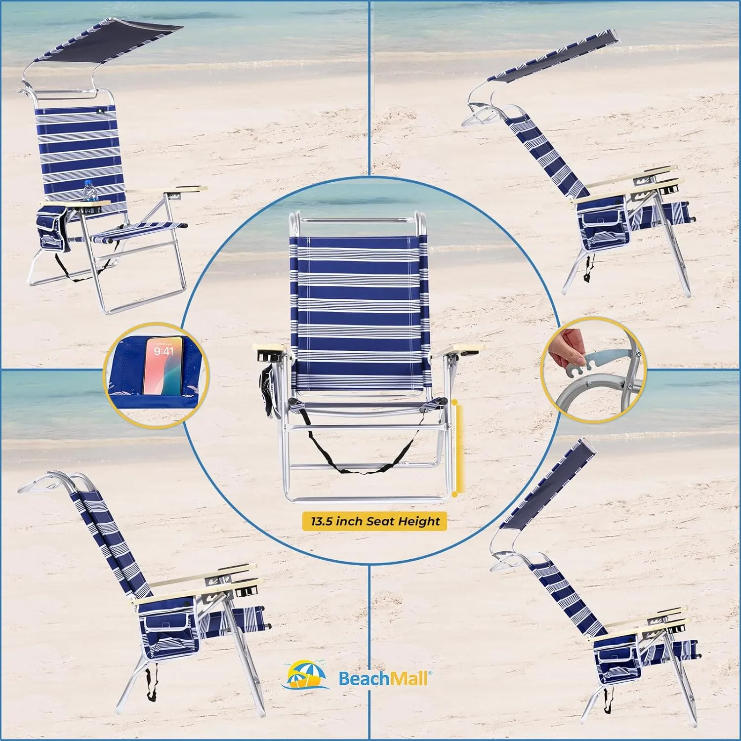 Deluxe 4 Reclining Positions Lightweight High Aluminum Beach Chair with Canopy Shade for Adults, Drink Holder, Storage Pouch