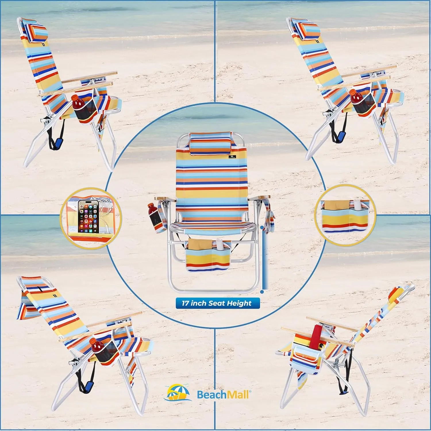 Deluxe XL Tall 17 Inches High Seat Beach Chair for Adults Heavy Duty, Aluminum Frame, Wide Plus Size, 300 lb Capacity