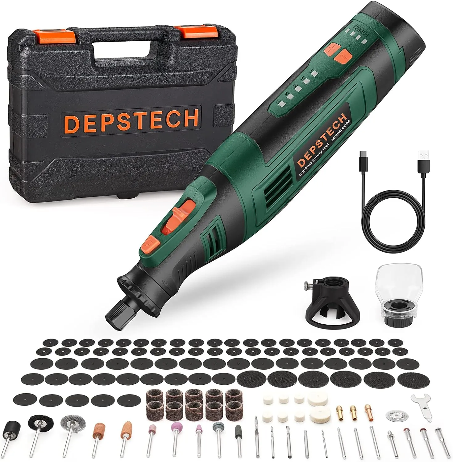 DEPSTECH Cordless Rotary Tool Kit, 8V 2.0Ah Rechargeable Battery, 30000RPM 5-Speed Multi Power Carving Tools, 127Pcs Accessories, Shield Attachment, Cutting/Drilling Guide for Handmade/DIY Creations