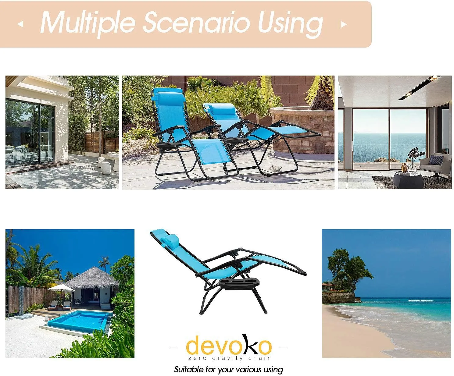Devoko Patio Zero Gravity Chair Outdoor Folding Adjustable Reclining Chairs Pool Side Using Lawn Lounge Chair with Pillow Set of 2 (Blue)
