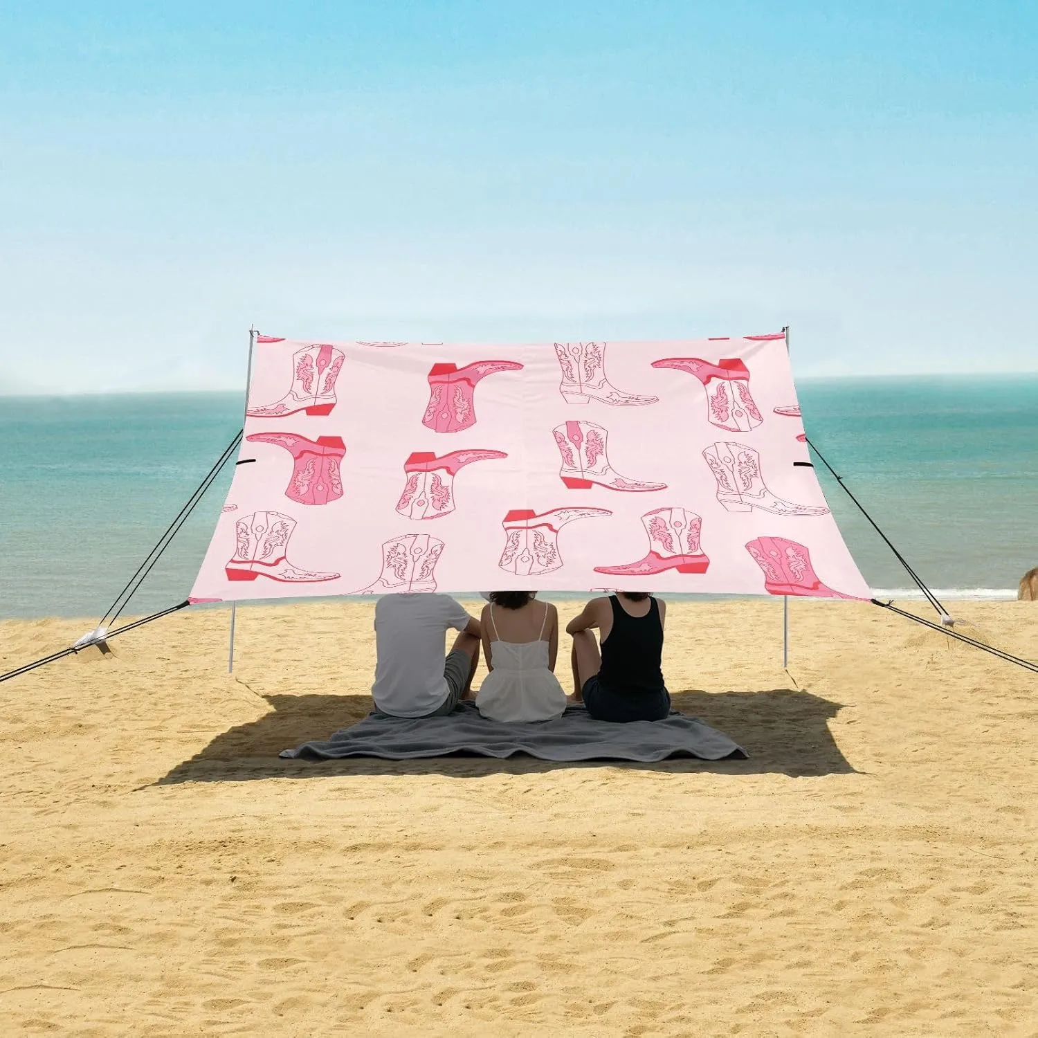 Different Cowgirl Boots Beach Canopy Tent Anti-UV & Wind Resistant, Pink Retro Camping Sun Shelter Easy Setup Portable,Outdoor Shade Tents with Sandbags,Sand Shovels,Ground Pegs & Stability Pole