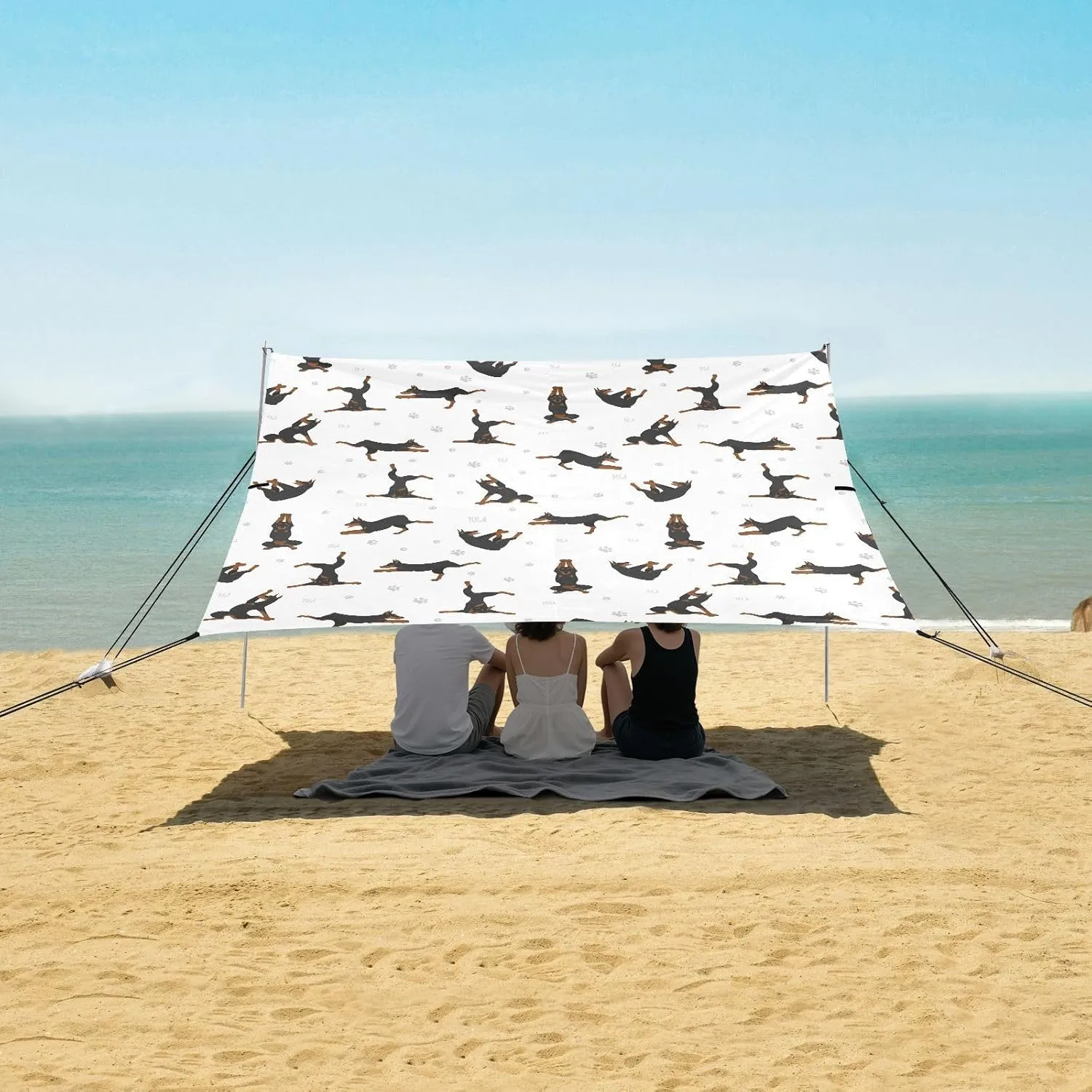 Doberman Yoga Dogs Poses Beach Canopy Tent Anti-UV & Wind Resistant, Dog Paw Camping Sun Shelter Easy Setup Portable,Outdoor Shade Tents with Sandbags,Sand Shovels,Ground Pegs & Stability Poles