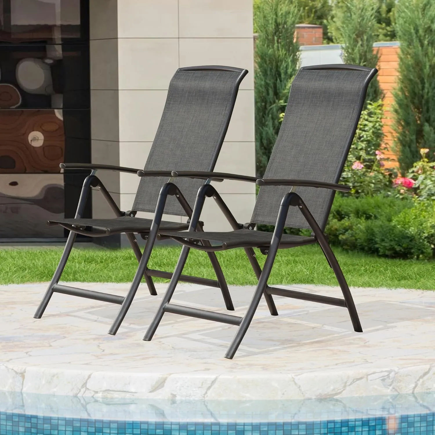 Domi Folding Patio Chairs Set of 2, Aluminium Frame Reclining Sling Lawn Chairs with Adjustable High Backrest, Patio Dining Chairs for Outdoor, Camping,Porch,Balcony(Textilene Fabric)