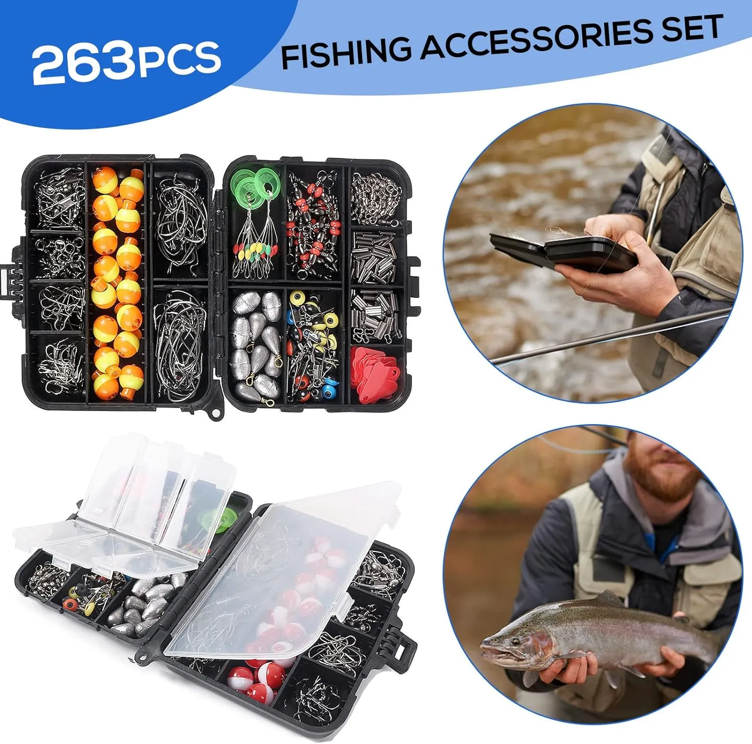doorslay 263pcs Fishing Accessories Set with Tackle Box Including Plier Jig Hooks Sinker Weight Swivels Snaps Sinker Slides