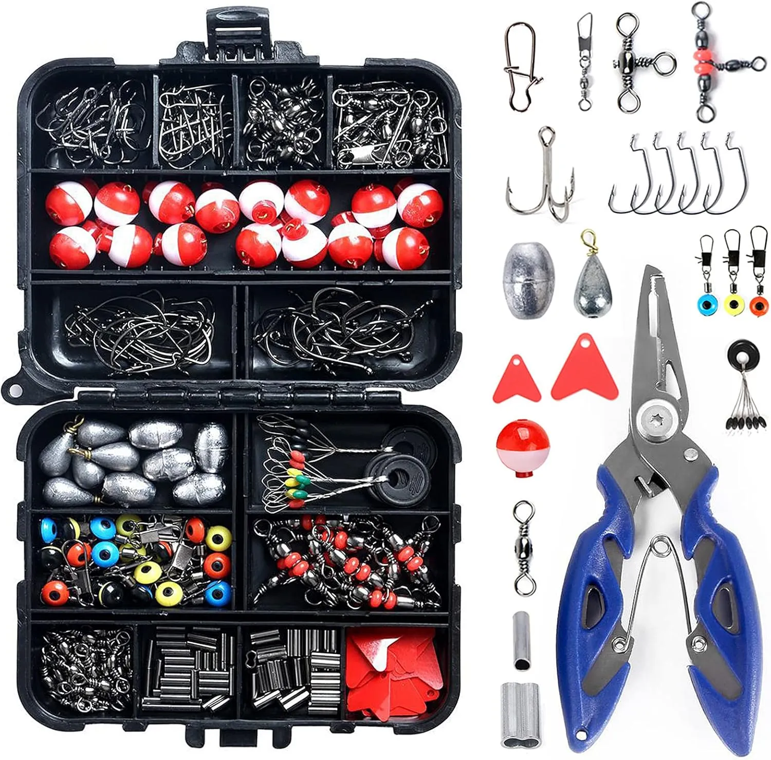 doorslay 263pcs Fishing Accessories Set with Tackle Box Including Plier Jig Hooks Sinker Weight Swivels Snaps Sinker Slides