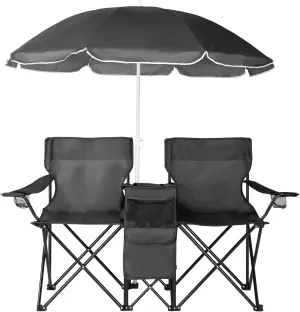 Double Folding Camping Chair W/Umbrella Fold Up Table Beverage Holder Carrying Bag Cooler for Patio Pool Park Outdoor Beach, Picnic, Portable (Black)