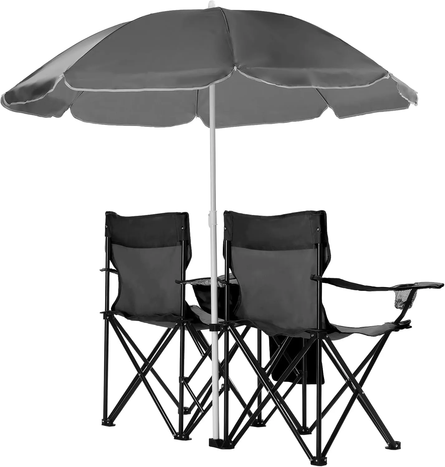 Double Folding Camping Chair W/Umbrella Fold Up Table Beverage Holder Carrying Bag Cooler for Patio Pool Park Outdoor Beach, Picnic, Portable (Black)