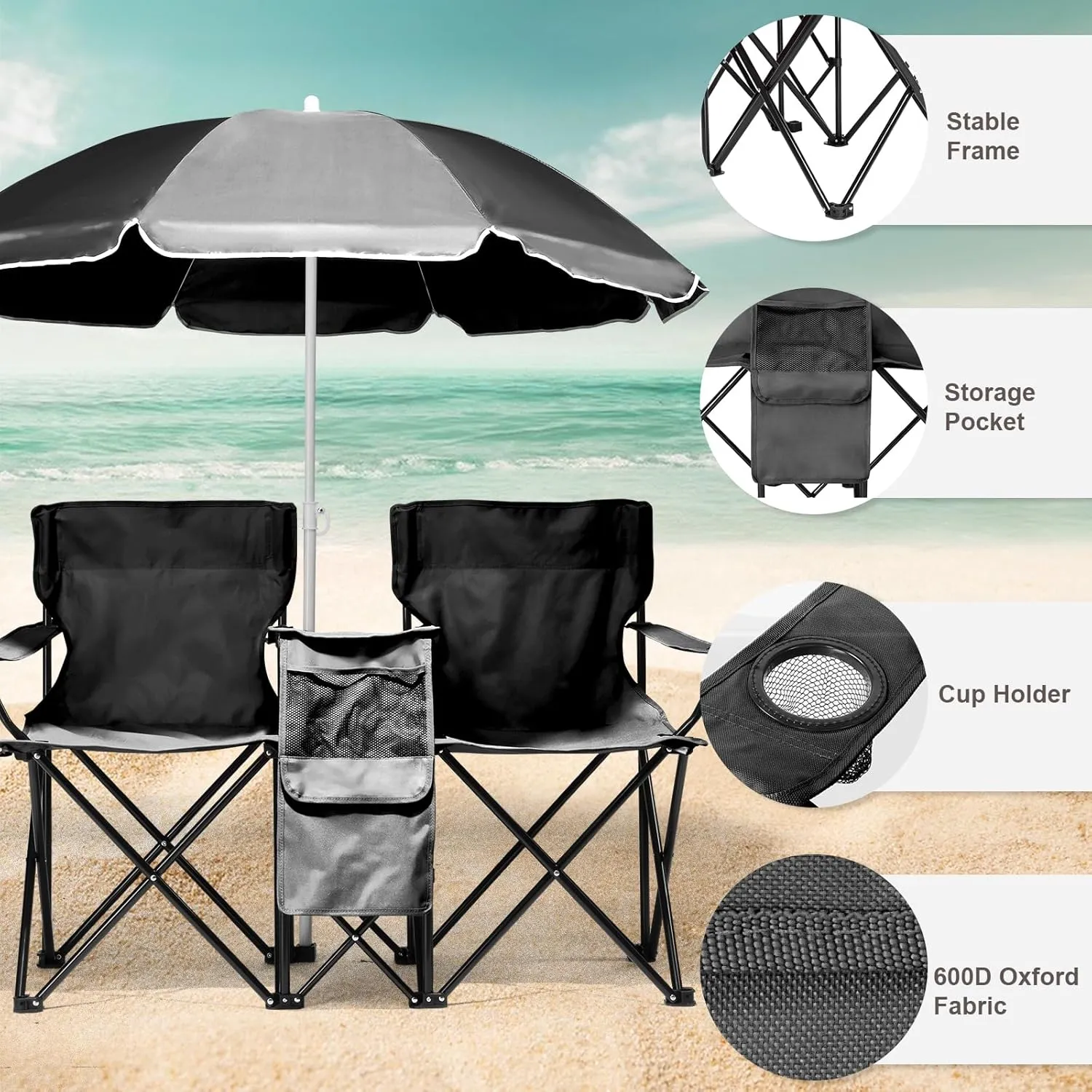 Double Folding Camping Chair W/Umbrella Fold Up Table Beverage Holder Carrying Bag Cooler for Patio Pool Park Outdoor Beach, Picnic, Portable (Black)