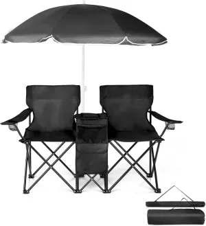 Double Folding Camping Chairs with Umbrella, Portable Beach Chair for Outdoor, 2-Seat Picnic Chair with Table & Pockets, Includes Bag, 180 lbs Capacity (Black)