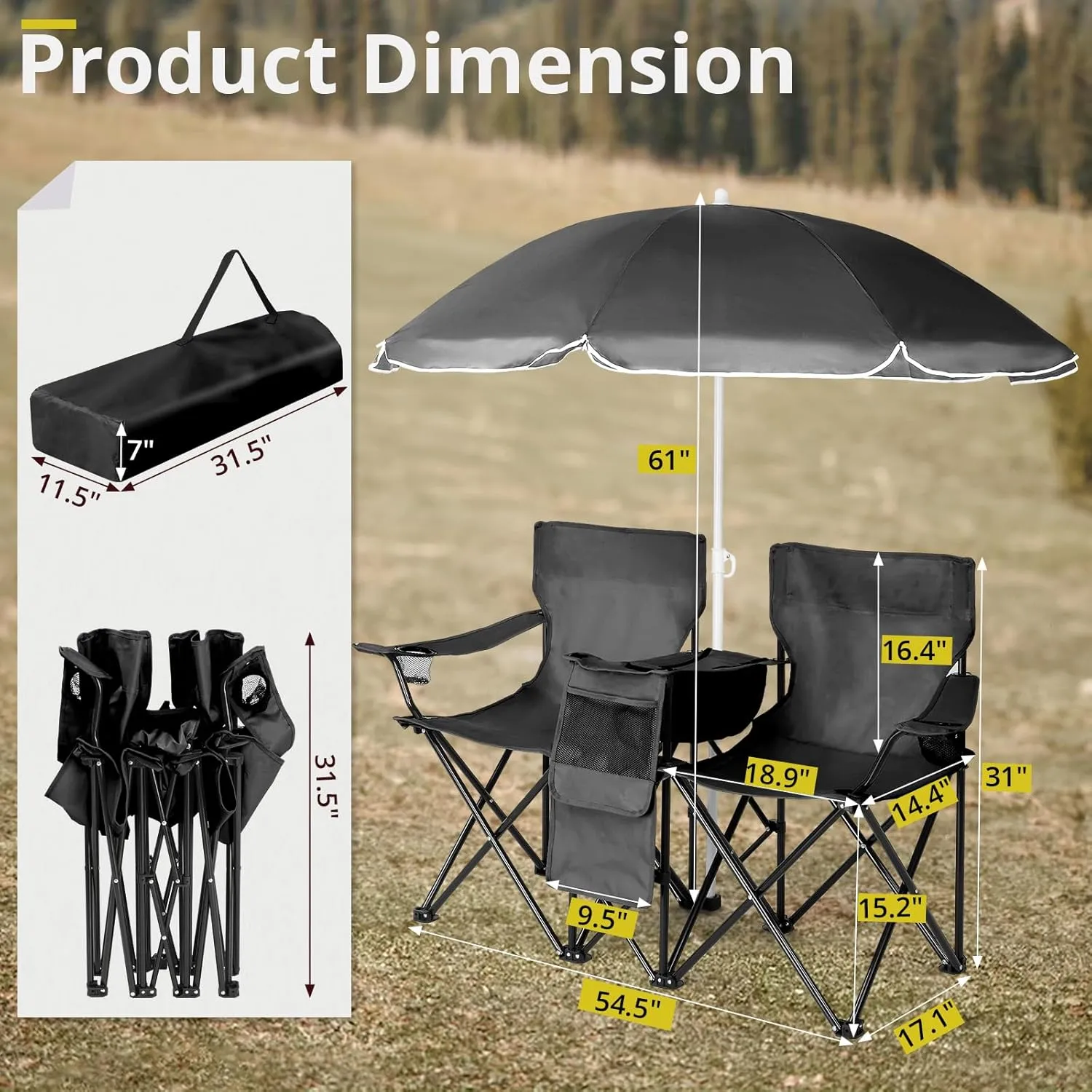 Double Folding Camping Chairs with Umbrella, Portable Beach Chair for Outdoor, 2-Seat Picnic Chair with Table & Pockets, Includes Bag, 180 lbs Capacity (Black)
