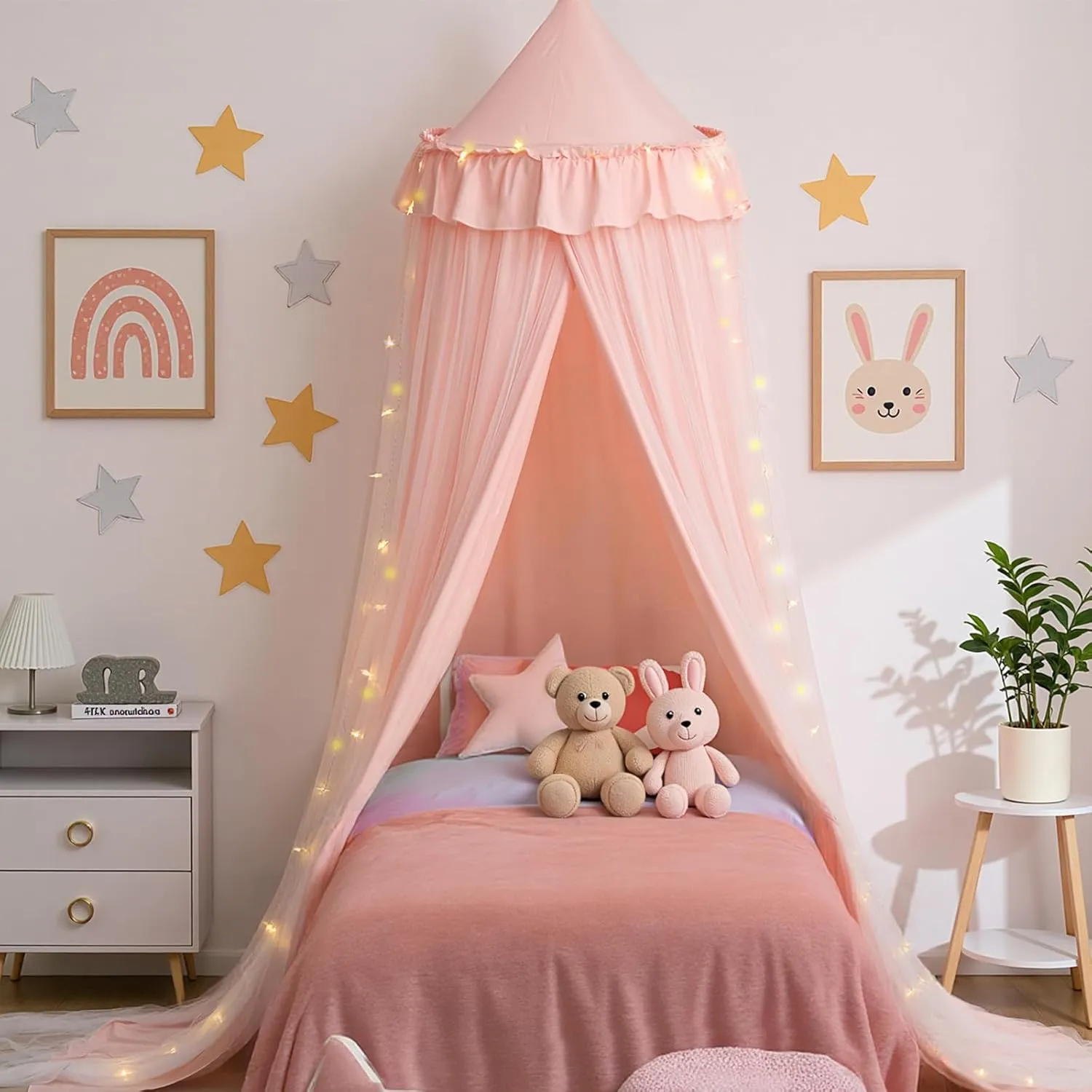 Double Layer Bed Canopy with Star Lights, Bed Canopy for Girls, Twin Size Canopy Bed Curtain for Children Princess Play Tent Bedroom Decoration Castle Reading Nook, Pink