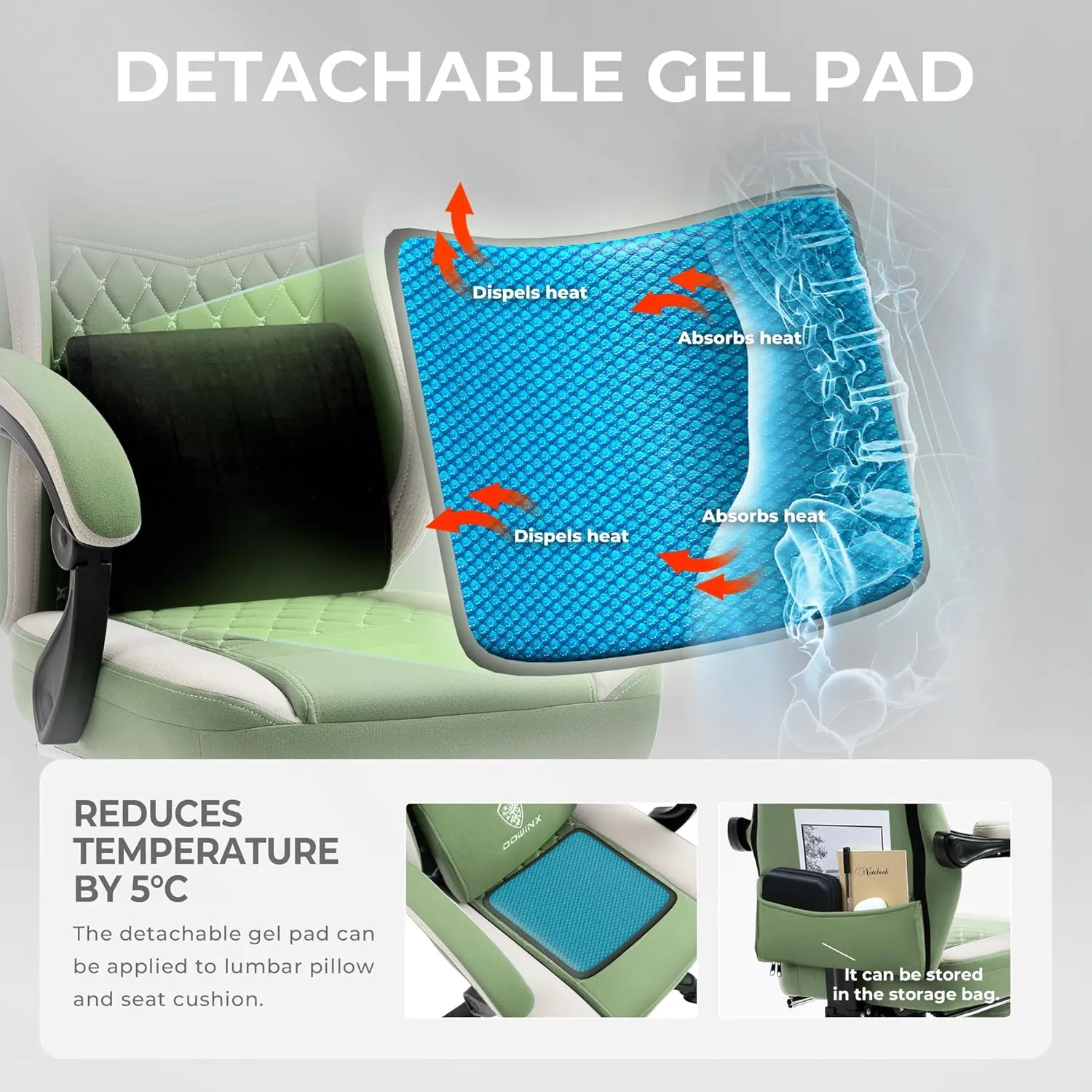 Dowinx Gaming Chair Breathable Fabric Game Chair with Gel Pad and Storage Bag, Comfortable Gamer Chair with Pocket Spring Cushion, Ergonomic Computer Chair with Footrest, Green