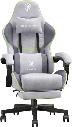Dowinx Gaming Chair Fabric with Coil Spring Cushion, Ergonomic Game Chair for Adults with Footrest and Massage Lumbar Support, Cloth Computer Office Chair 290LBS, Grey Green
