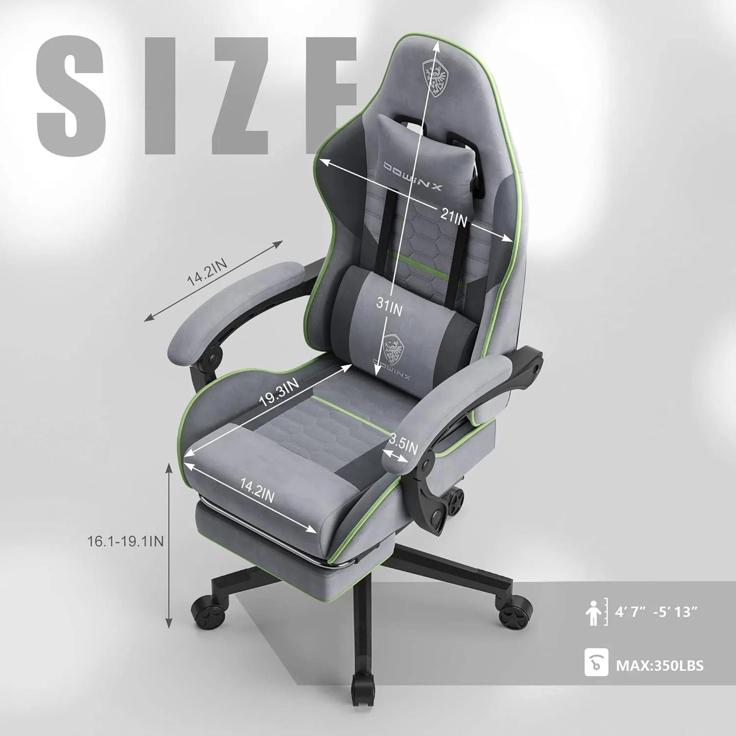 Dowinx Gaming Chair Fabric with Coil Spring Cushion, Ergonomic Game Chair for Adults with Footrest and Massage Lumbar Support, Cloth Computer Office Chair 290LBS, Grey Green