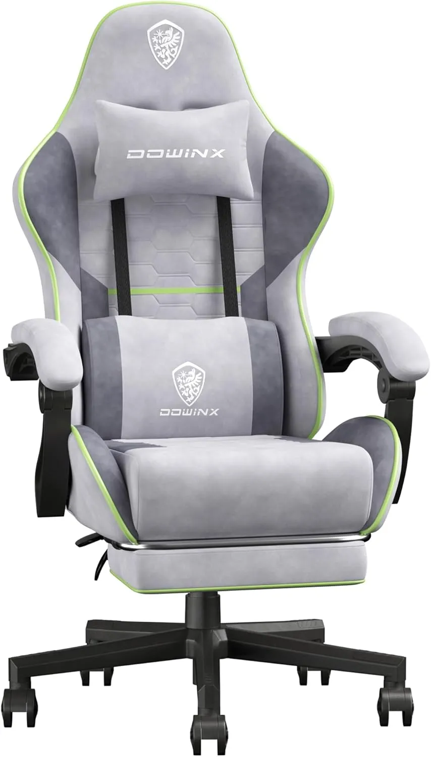 Dowinx Gaming Chair Fabric with Coil Spring Cushion, Ergonomic Game Chair for Adults with Footrest and Massage Lumbar Support, Cloth Computer Office Chair 290LBS, Grey Green