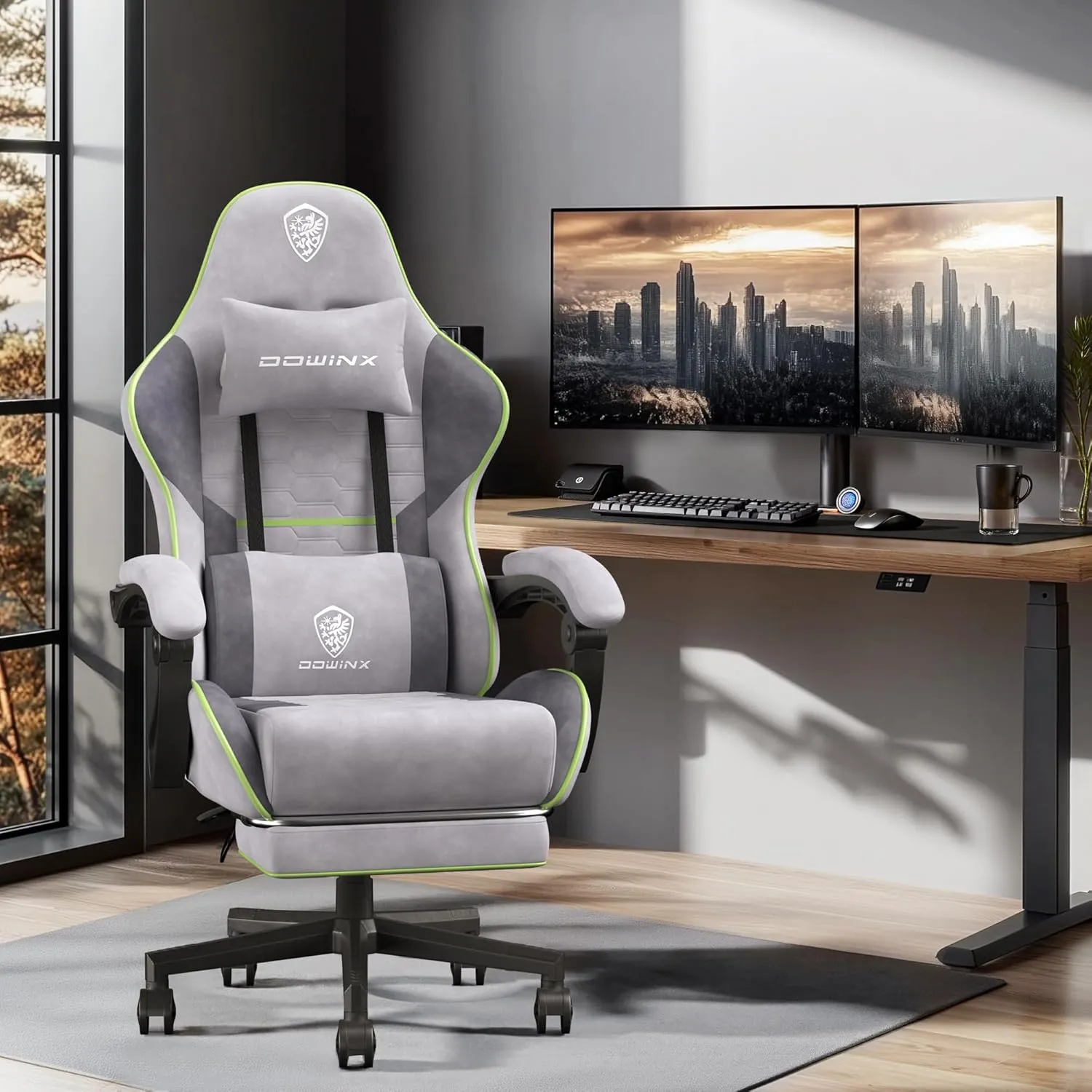 Dowinx Gaming Chair Fabric with Coil Spring Cushion, Ergonomic Game Chair for Adults with Footrest and Massage Lumbar Support, Cloth Computer Office Chair 290LBS, Grey Green