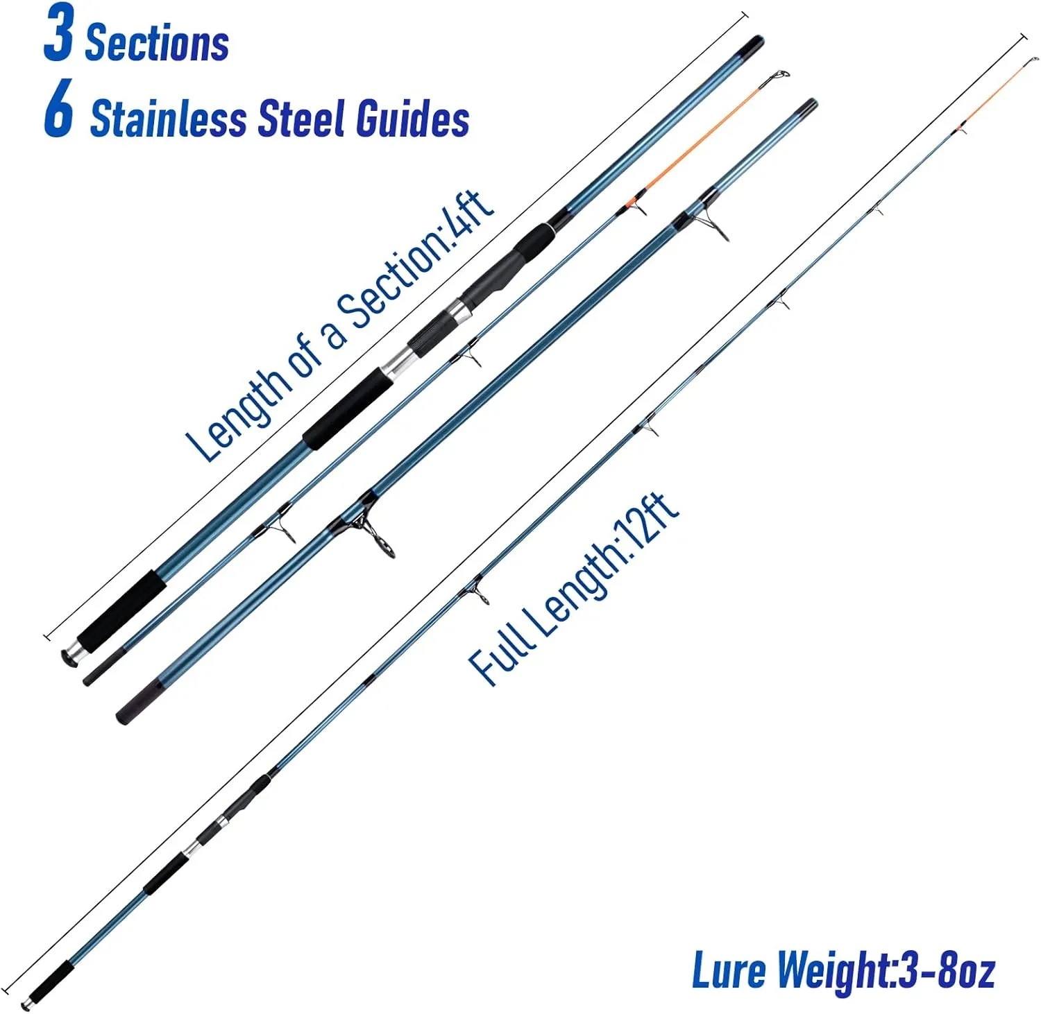 Dr.Fish Spinning Fishing Rod for Surf Fishing, 3 Section Carbon Fiber Stainless Steel Guide EVA Grip Surf Casting Saltwater Fishing Pole Beach Trolling