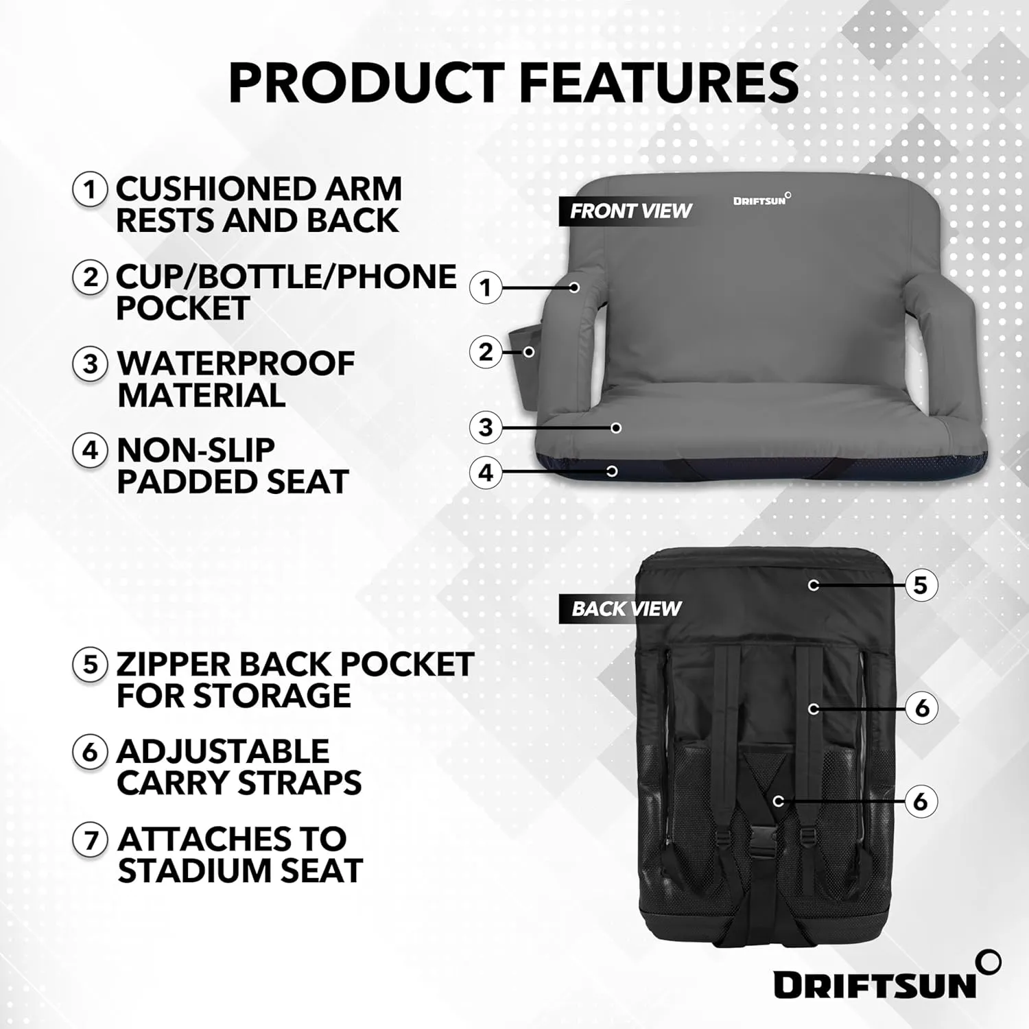 Driftsun 2 Pack Extra Wide Stadium Seats with Back Support - Deluxe Foldable Stadium Chairs for Bleachers - Folding Waterproof Sport Chair - Easy to Transport