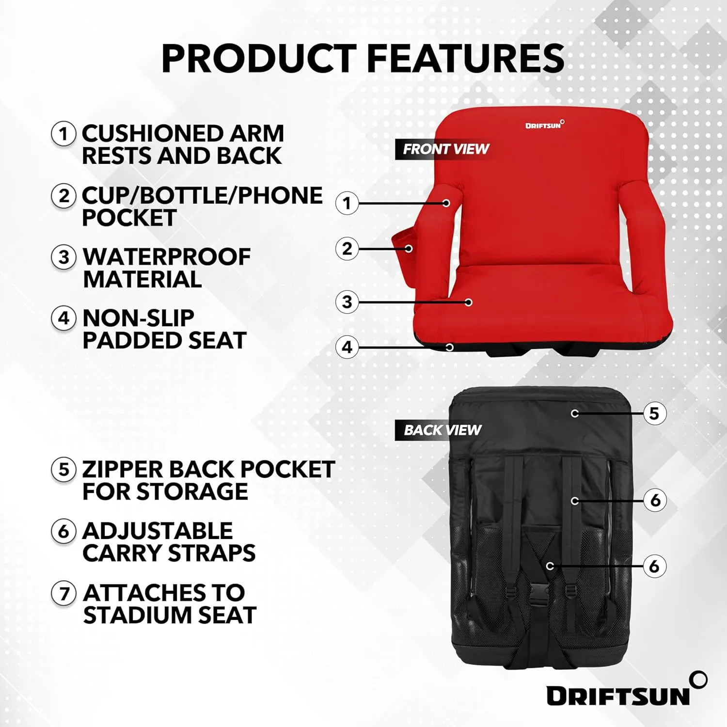 Driftsun Extra Wide Stadium Seats with Back Support - Deluxe Foldable Stadium Chairs for Bleachers - Folding Waterproof Sport Chair - Easy to Transport