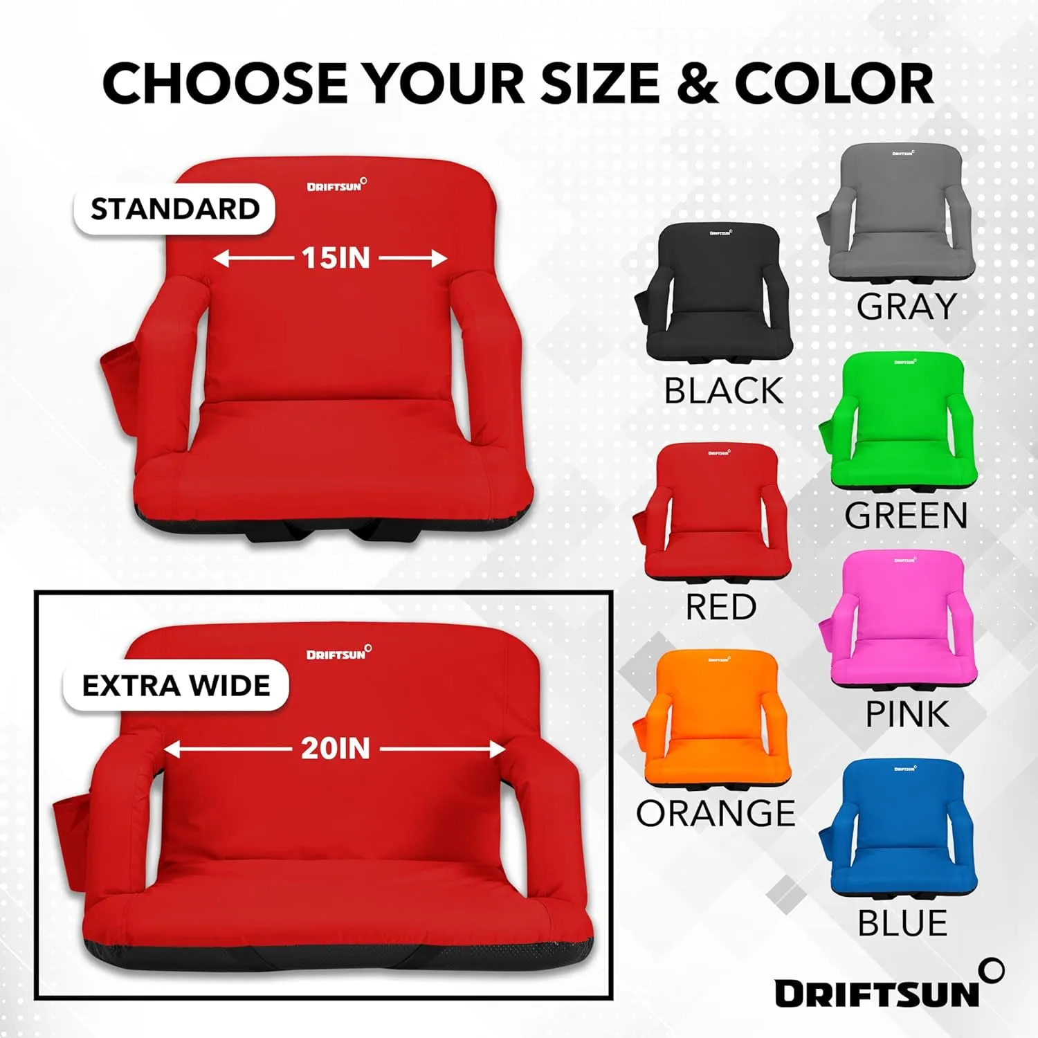 Driftsun Extra Wide Stadium Seats with Back Support - Deluxe Foldable Stadium Chairs for Bleachers - Folding Waterproof Sport Chair - Easy to Transport