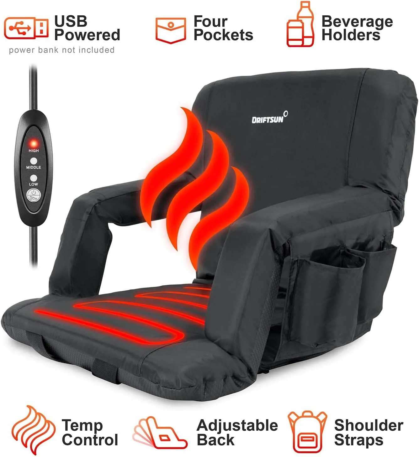 Driftsun Heated Stadium Seats with Back Support, Heated Bleacher Seat, Padded Heated Stadium Seats with Backs, Waterproof Heated Chairs Outdoor Sports