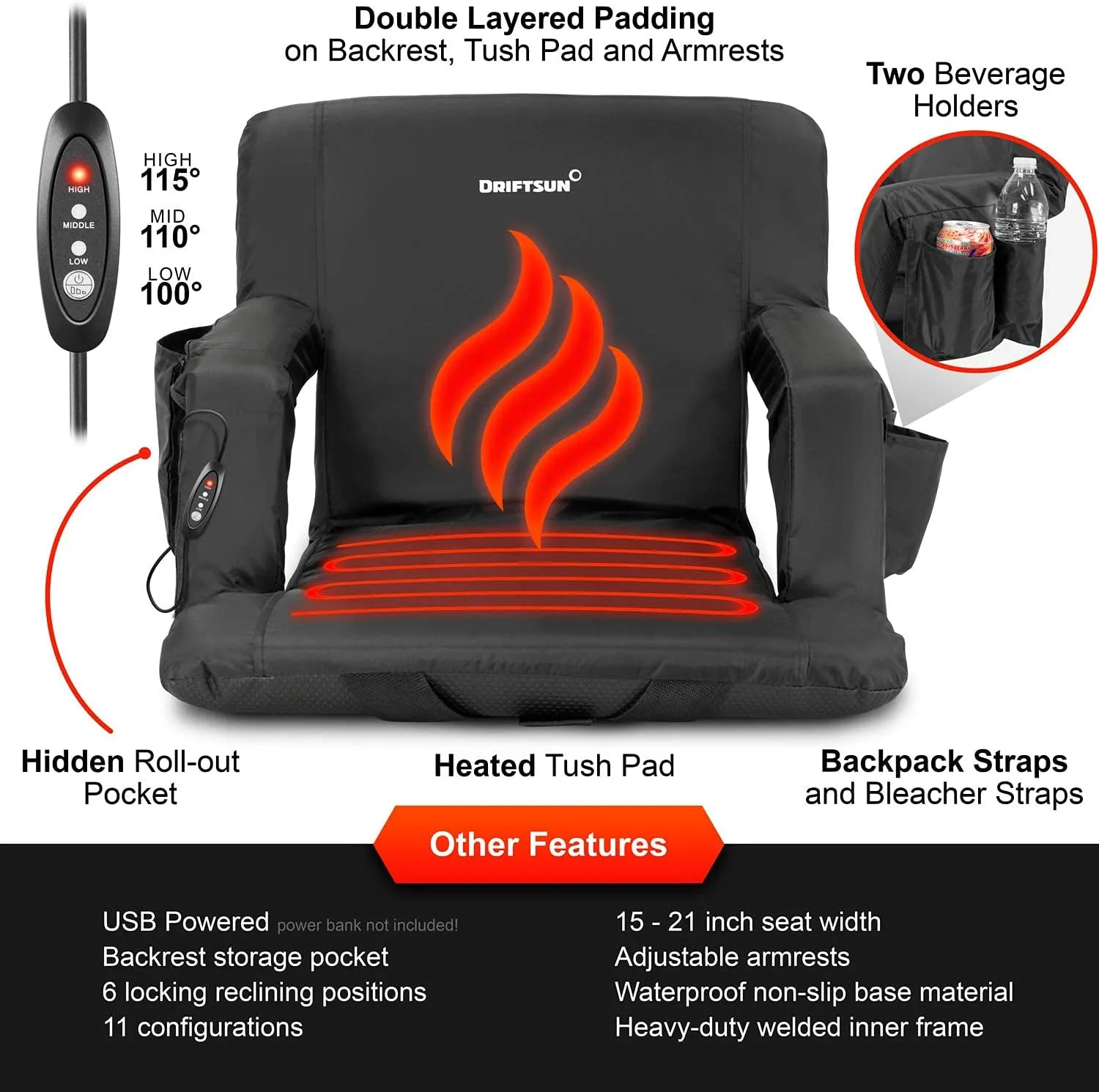 Driftsun Heated Stadium Seats with Back Support, Heated Bleacher Seat, Padded Heated Stadium Seats with Backs, Waterproof Heated Chairs Outdoor Sports