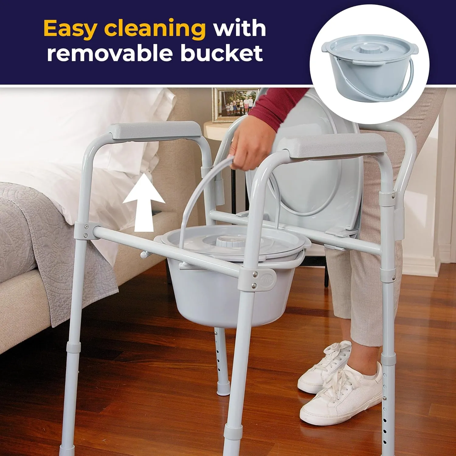 Drive Medical 11148-1 Folding Steel Bedside Commode Chair, Portable Toilet, Supports Individuals Weighing Up To 350 Lbs, with 7.5 Qt. Bucket and 13.5 Inch Seat, Grey