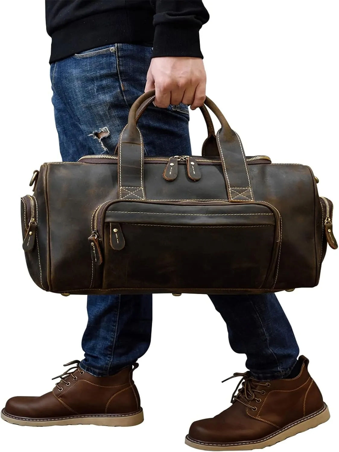 Duffle Bag Men's Leather Travel Bags Vintage Luggage Bags for Travel, Workout(Dark brown)