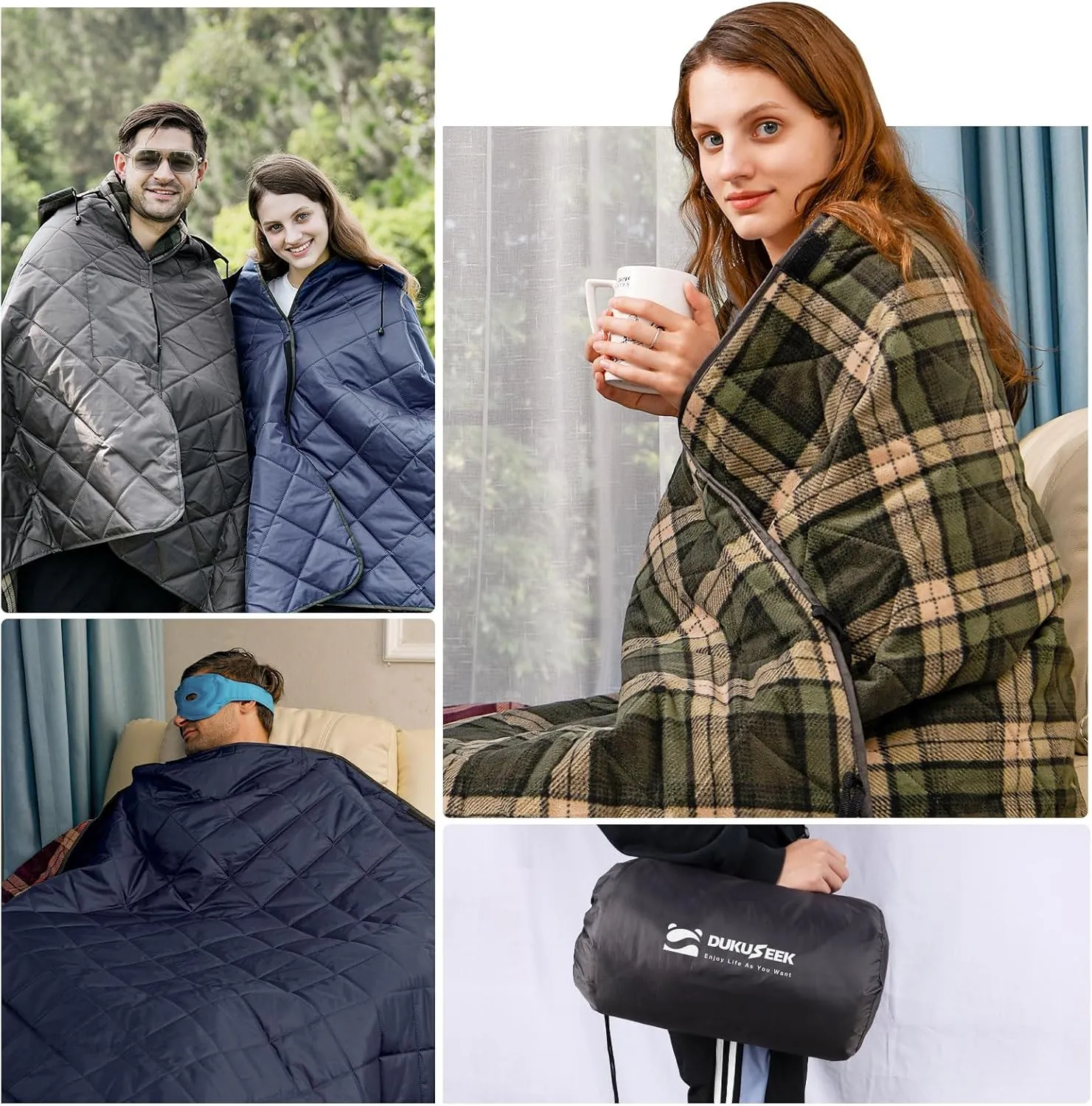 DUKUSEEK Waterproof Stadium Blanket, Hooded Outdoor Blankets Waterproof Windproof for Cold Weather, Emergency Warm Blanket with Quilted Cotton and Thick Fleece for Picnic, Camping, Outdoor Sports…