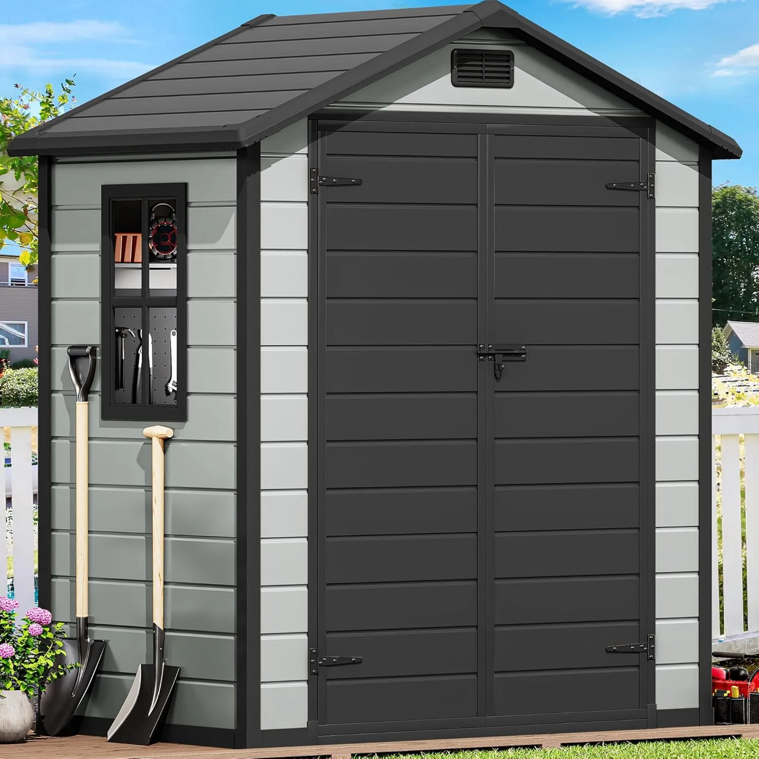 DWVO 6x4 FT Resin Storage Shed with Reinforced Floor, Outdoor Storage Shed with Lockable Door, Window and Vents, Waterproof Plastic Tool Storage for Garden, Backyard, Patio, Lawn(Blue-Gray Black)