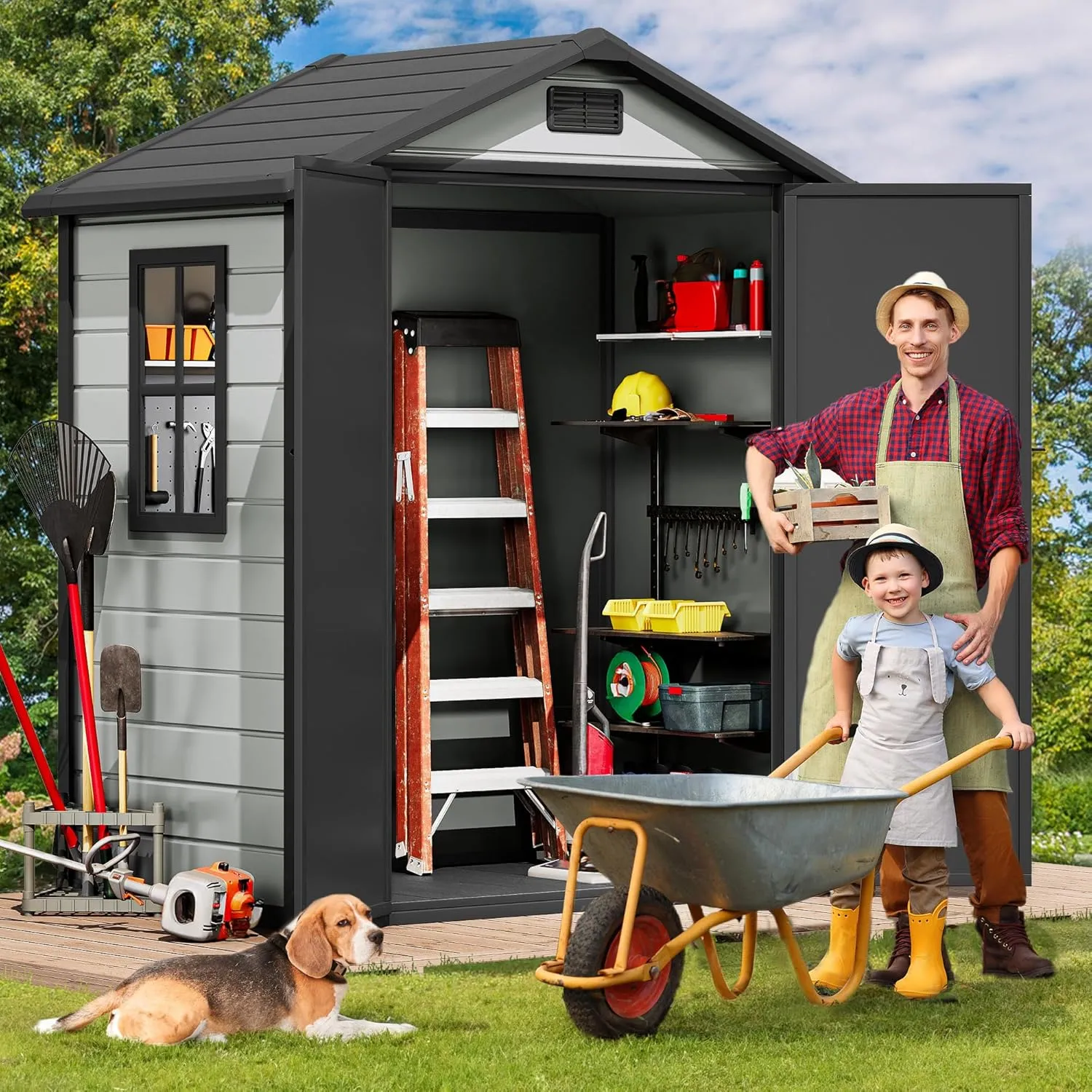 DWVO 6x4 FT Resin Storage Shed with Reinforced Floor, Outdoor Storage Shed with Lockable Door, Window and Vents, Waterproof Plastic Tool Storage for Garden, Backyard, Patio, Lawn(Blue-Gray Black)