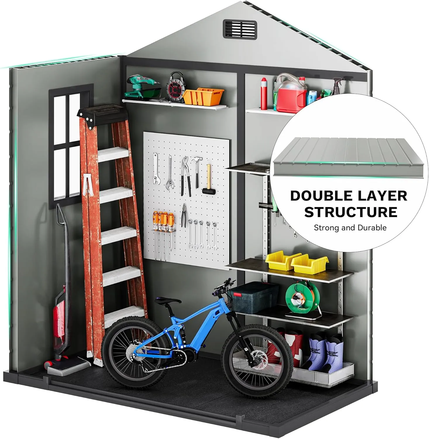 DWVO 6x4 FT Resin Storage Shed with Reinforced Floor, Outdoor Storage Shed with Lockable Door, Window and Vents, Waterproof Plastic Tool Storage for Garden, Backyard, Patio, Lawn(Blue-Gray Black)