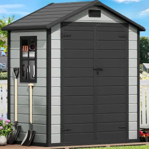 DWVO 6x4 FT Resin Storage Shed with Reinforced Floor, Outdoor Storage Shed with Lockable Door, Window and Vents, Waterproof Plastic Tool Storage for Garden, Backyard, Patio, Lawn(Blue-Gray Black)