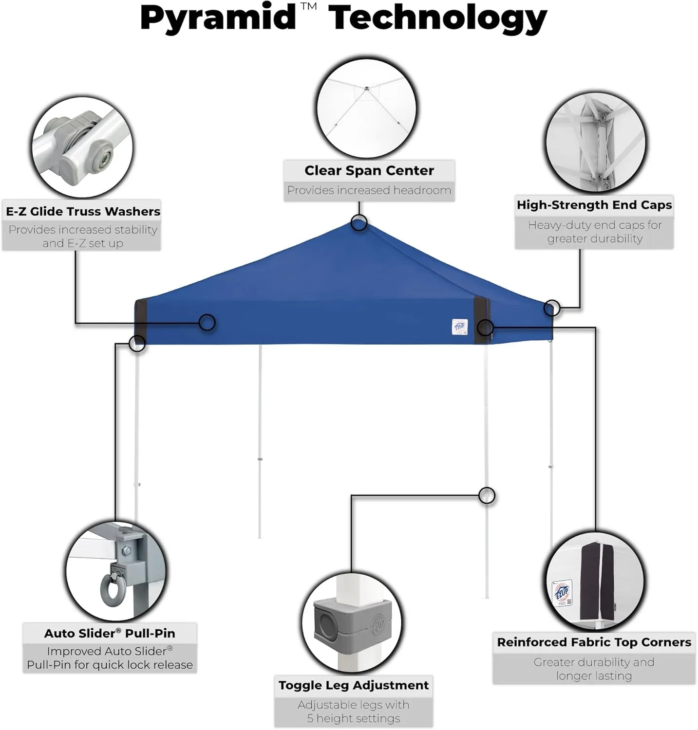 E-Z UP Pyramid Instant Shelter Canopy Pop Up Tent, 10' x 10' with Wide-Trax Roller Bag & 4 Piece Spike Set, Royal Blue