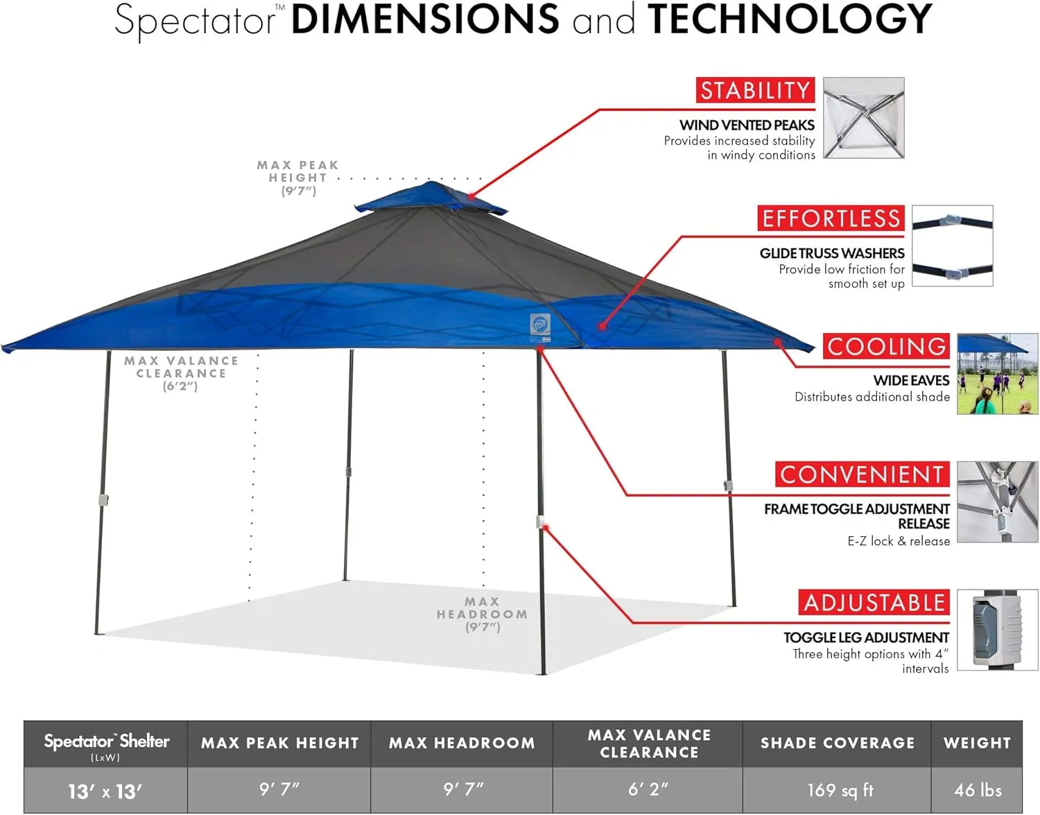 E-Z UP Spectator Instant Shelter Canopy, 13' x 13' with 169 sq ft of Shade, Vented Roof, Gray Dual Tone