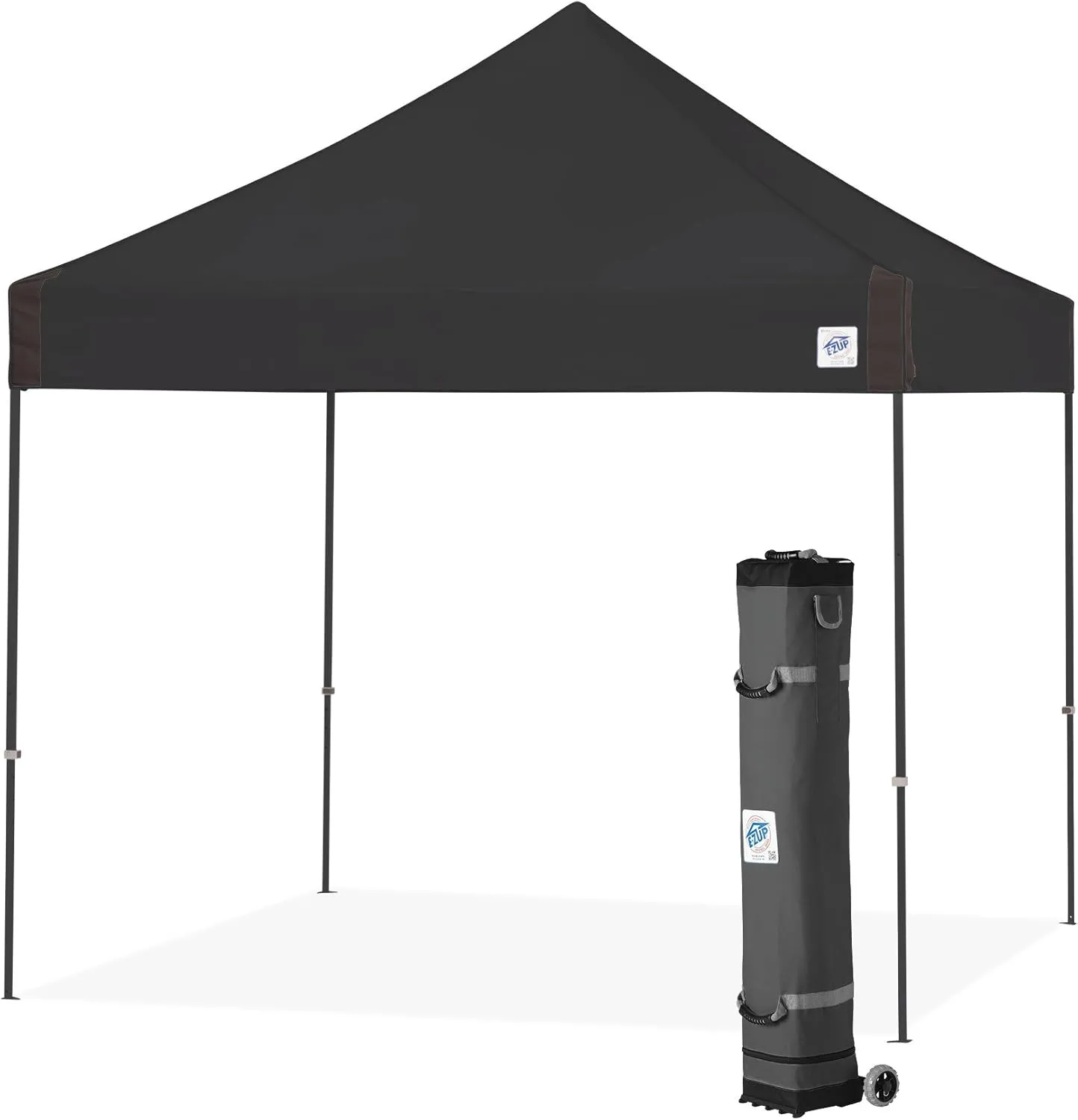 E-Z UP Vantage Instant Shelter Canopy, 10' x 10', Steel Gray Powder-Coated Steel Frame with Wide-Trax Roller Bag & 4 Piece Spike Set, Black
