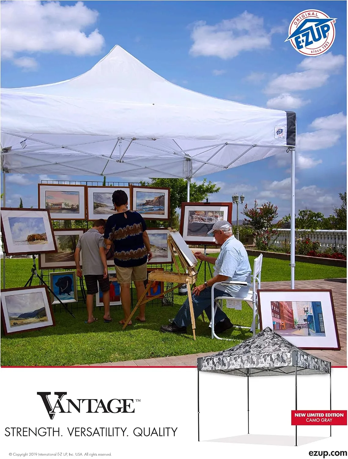 E-Z UP Vantage Instant Shelter Canopy, 10' x 10', Steel Gray Powder-Coated Steel Frame with Wide-Trax Roller Bag & 4 Piece Spike Set, Black