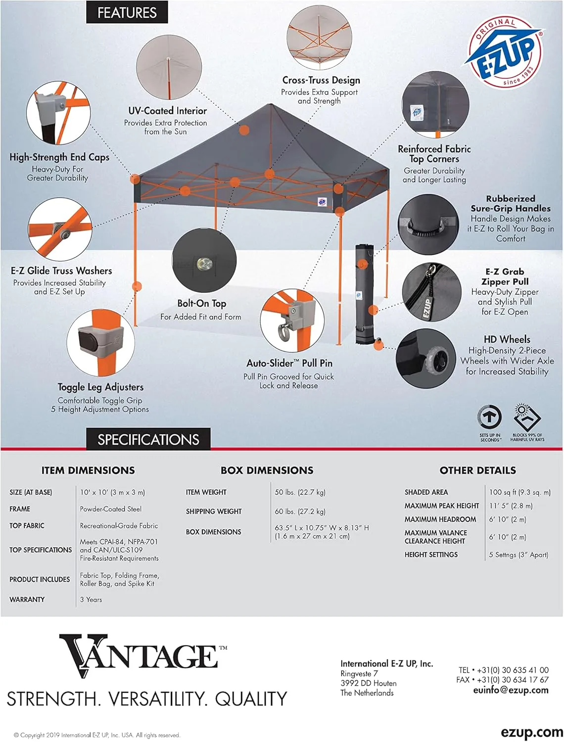E-Z UP Vantage Instant Shelter Canopy, 10' x 10', Steel Gray Powder-Coated Steel Frame with Wide-Trax Roller Bag & 4 Piece Spike Set, Black