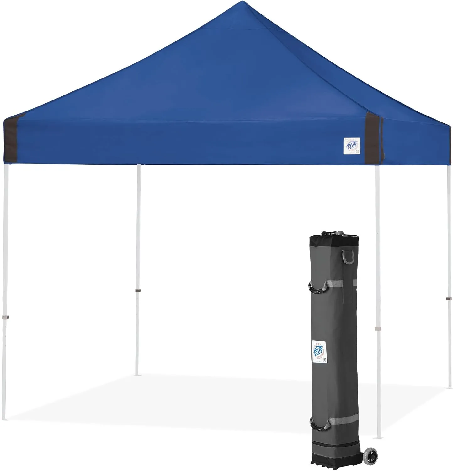 E-Z UP Vantage Instant Shelter Canopy, 10' x 10', White Powder-Coated Steel Frame with Wide-Trax Roller Bag & 4 Piece Spike Set, Blue