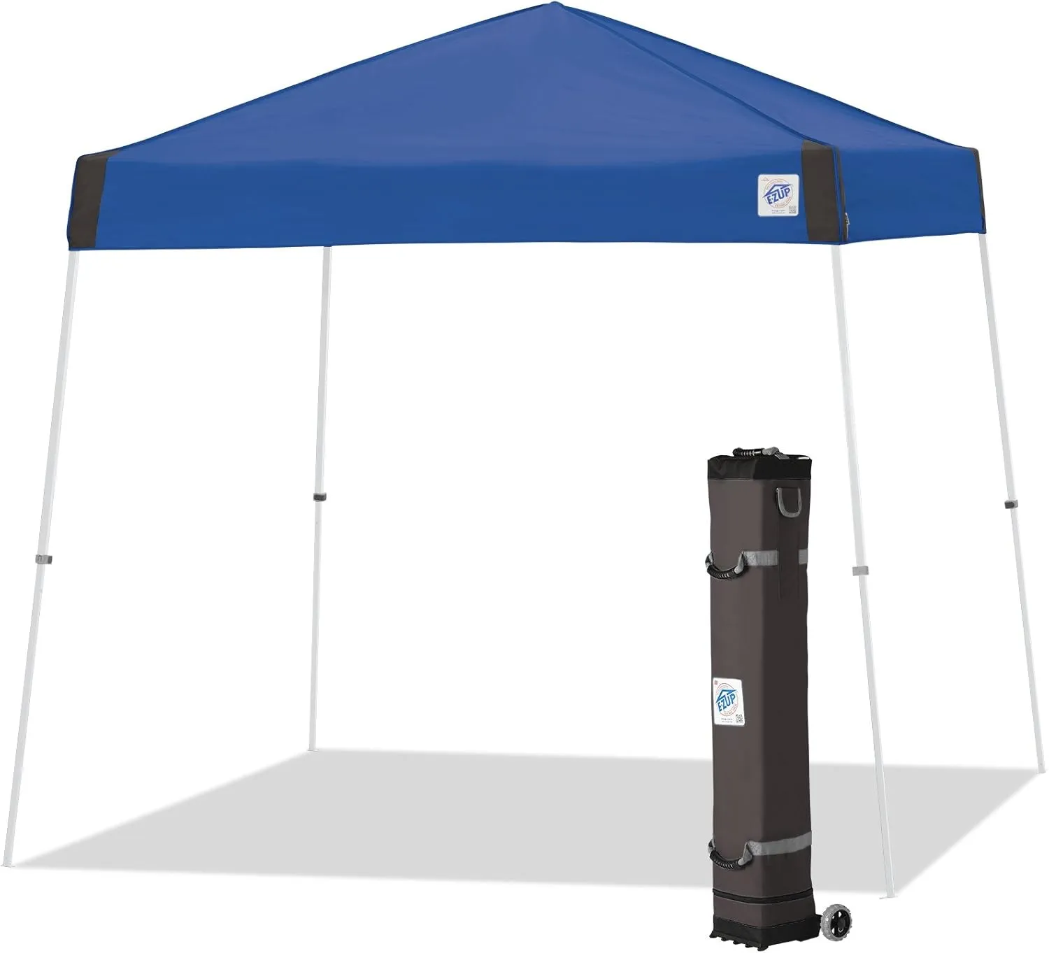 E-Z UP Vista Instant Shelter Canopy, 10' x 10', White Powder-Coated Steel Frame with Wide-Trax Roller Bag & 4 Piece Spike Set, Royal Blue