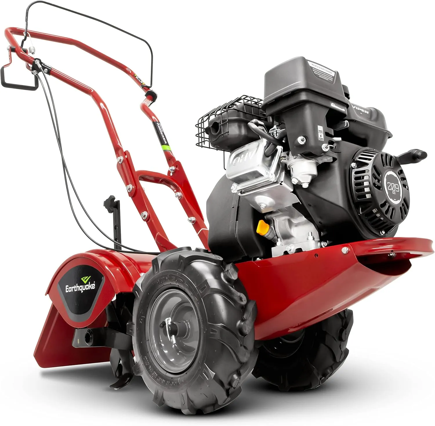EARTHQUAKE Victory Rear Tine Tiller, Powerful 209cc 4-Cycle Viper Engine, Rugged Bronze Gear Transmission, Counter-Rotating Tines, Instant Reverse, Pneumatic Wheels, Model: 39381, Red/Black