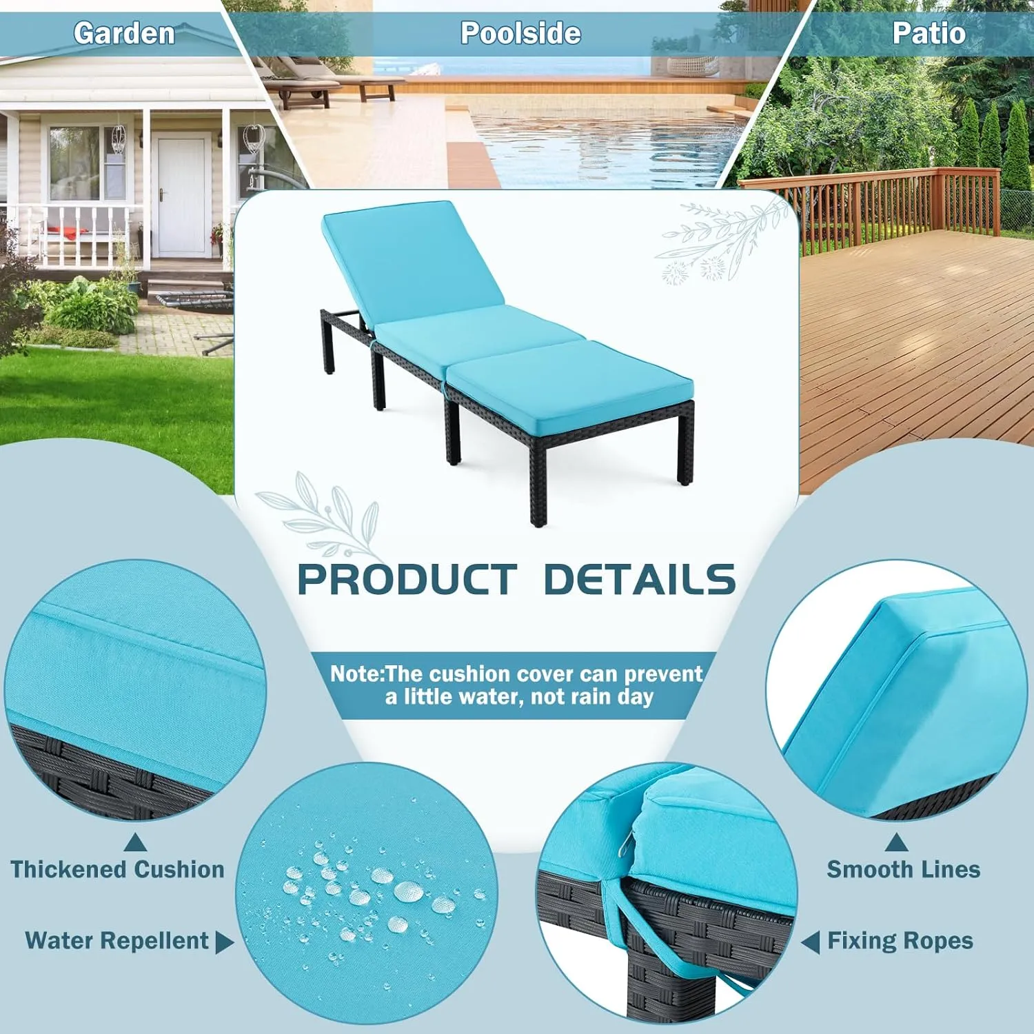 ECOTOUGE Outdoor Chaise Lounge Chair, PE Wicker Lounger Recliner with 5-Position Adjustable Backrest & Removable Cushion, Patio Reclining Chaise Chair for Poolside & Sunbathing, Blue