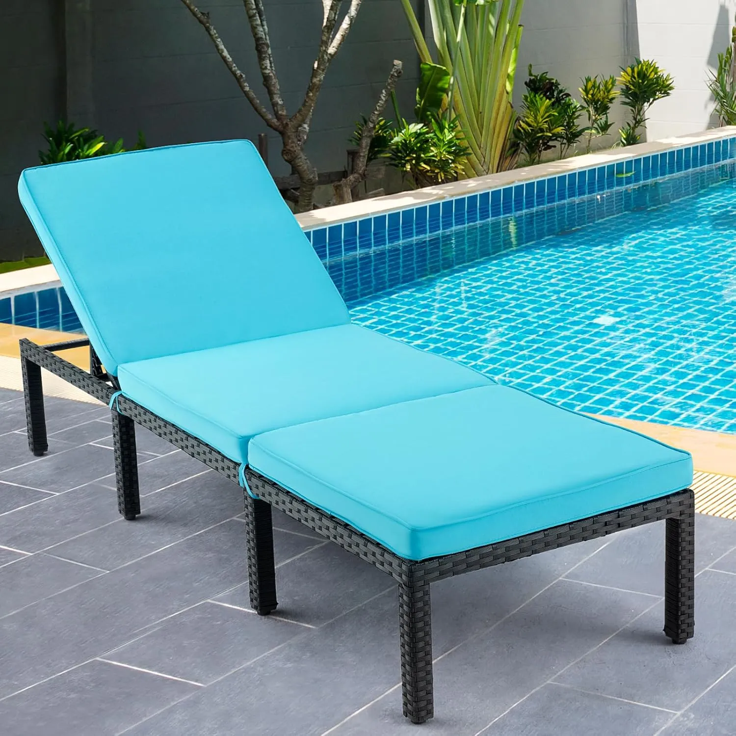 ECOTOUGE Outdoor Chaise Lounge Chair, PE Wicker Lounger Recliner with 5-Position Adjustable Backrest & Removable Cushion, Patio Reclining Chaise Chair for Poolside & Sunbathing, Blue