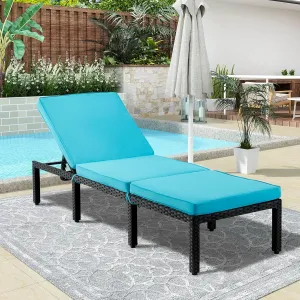 ECOTOUGE Outdoor Chaise Lounge Chair, PE Wicker Lounger Recliner with 5-Position Adjustable Backrest & Removable Cushion, Patio Reclining Chaise Chair for Poolside & Sunbathing, Blue