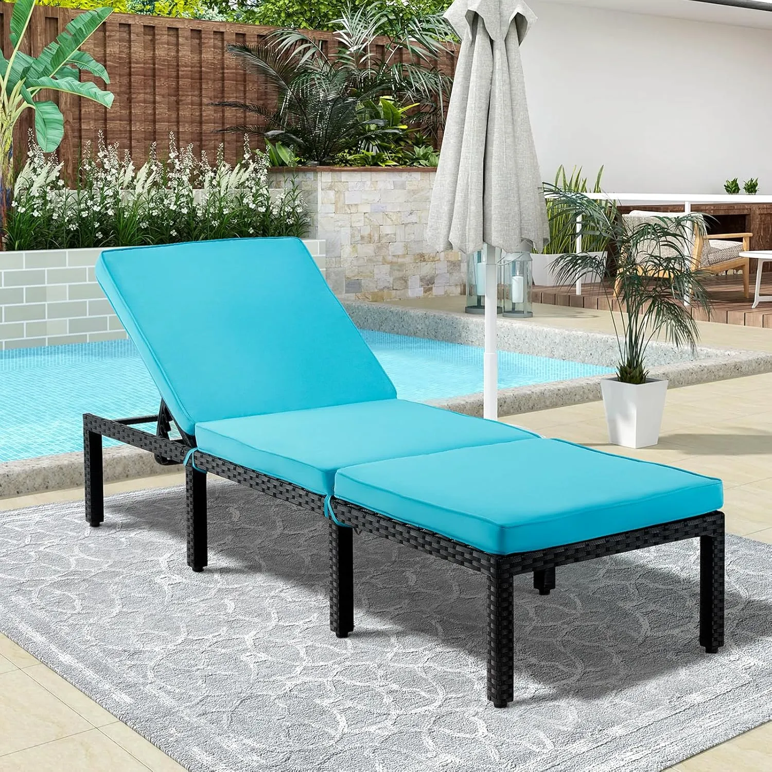 ECOTOUGE Outdoor Chaise Lounge Chair, PE Wicker Lounger Recliner with 5-Position Adjustable Backrest & Removable Cushion, Patio Reclining Chaise Chair for Poolside & Sunbathing, Blue