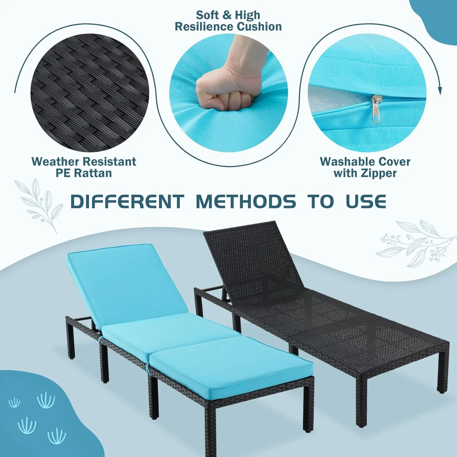 ECOTOUGE Outdoor Chaise Lounge Chair, PE Wicker Lounger Recliner with 5-Position Adjustable Backrest & Removable Cushion, Patio Reclining Chaise Chair for Poolside & Sunbathing, Blue