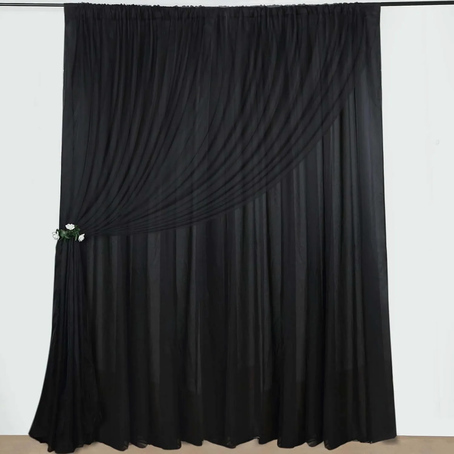 Efavormart 10ftx10ft Black Dual Layered Polyester Sheer Chiffon Backdrop Curtains with Rod Pockets