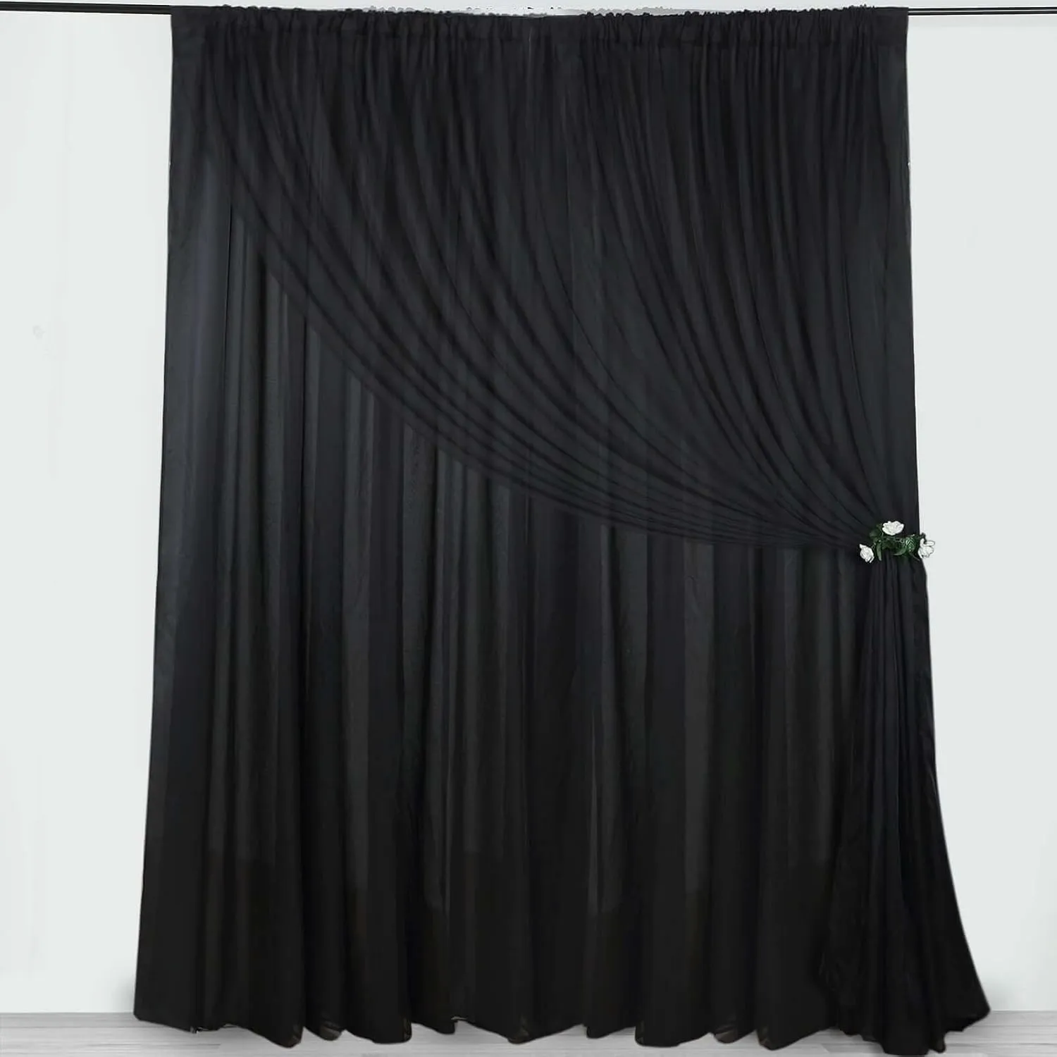 Efavormart 10ftx10ft Black Dual Layered Polyester Sheer Chiffon Backdrop Curtains with Rod Pockets