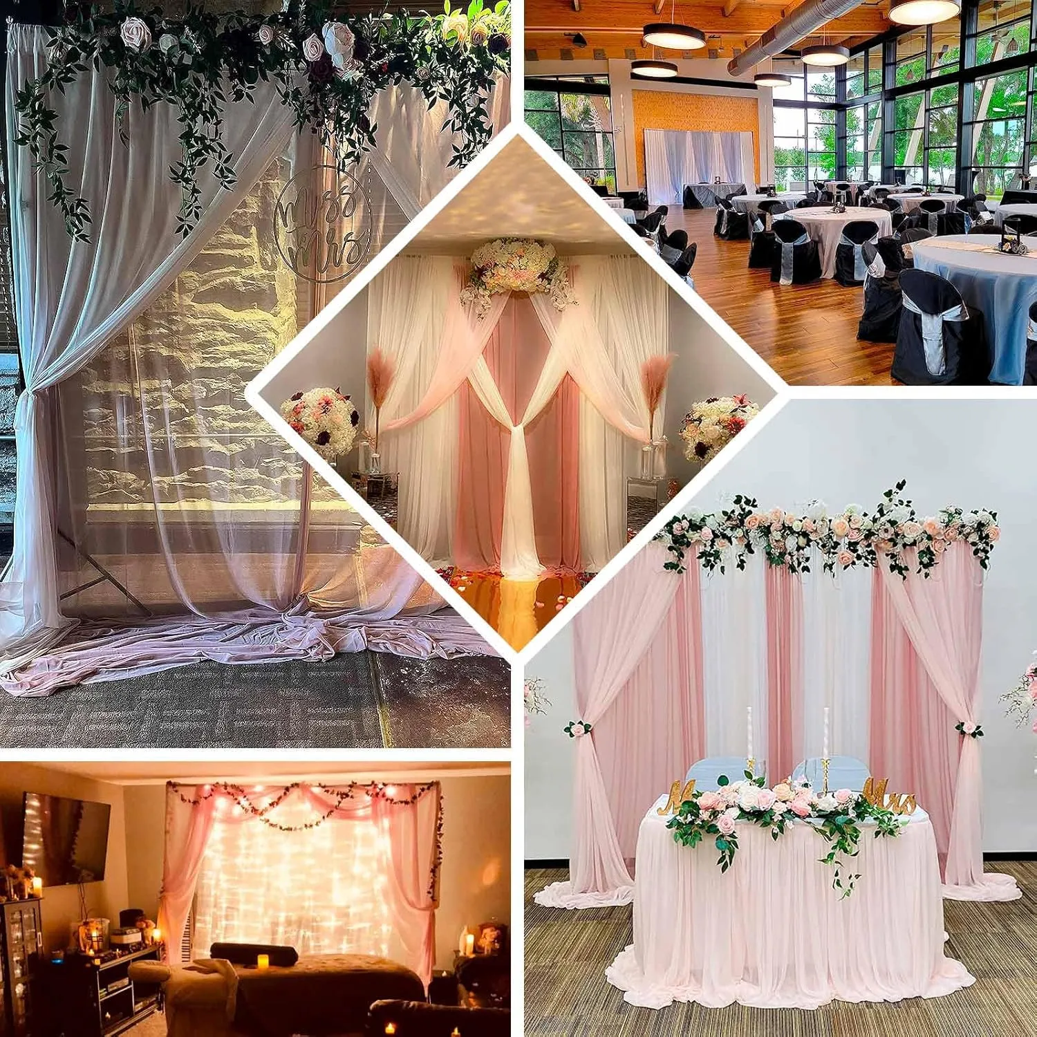 Efavormart 10ftx10ft Black Dual Layered Polyester Sheer Chiffon Backdrop Curtains with Rod Pockets
