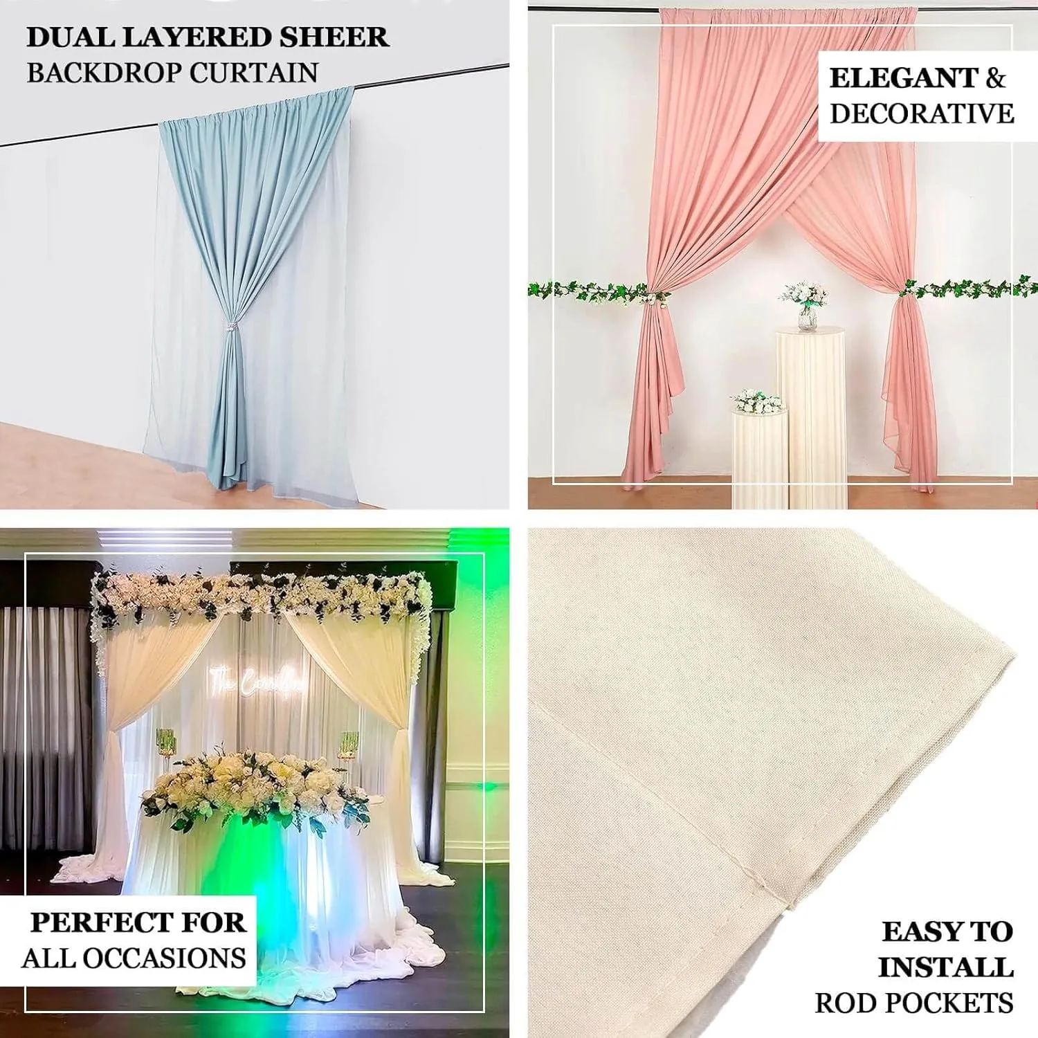 Efavormart 10ftx10ft Black Dual Layered Polyester Sheer Chiffon Backdrop Curtains with Rod Pockets